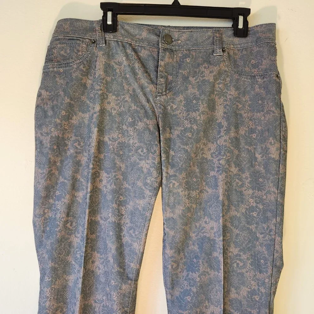 Ink Denim Bluegreen/Gold Brocade Paisley Floral Damask Stretch Pants Size 12